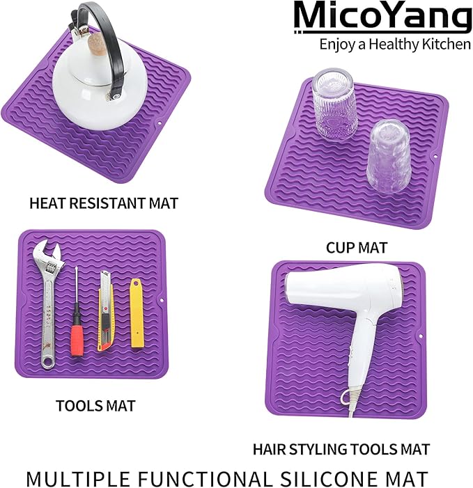 MicoYang Silicone Dish Drying Mat for Multiple Usage,Easy clean,Eco-friendly,Heat-resistant Silicone Mat for Kitchen Counter or Sink,Refrigerator or Drawer liner Purple M 12 inches x 12 inches