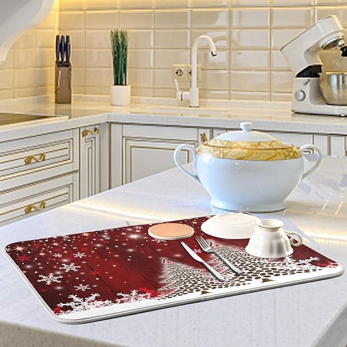 Christmas Tree Dish Drying Mat 16x18 inch Xmas New Year Snowflake Wooden Dish Drainer Kitchen Counter Mats Bottles Dish Dry Pad Protector for Kitchen Countertops