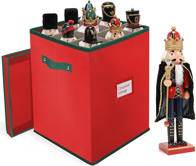 Christmas Nutcracker and Figurine Storage Box, Keeps 9 16" Tall Holiday Nutcrackers, Figurines, and More -Xmas Decor Collectible Organizer with Adjustable Dividers, 600D Oxford Fabric Tear-Proof