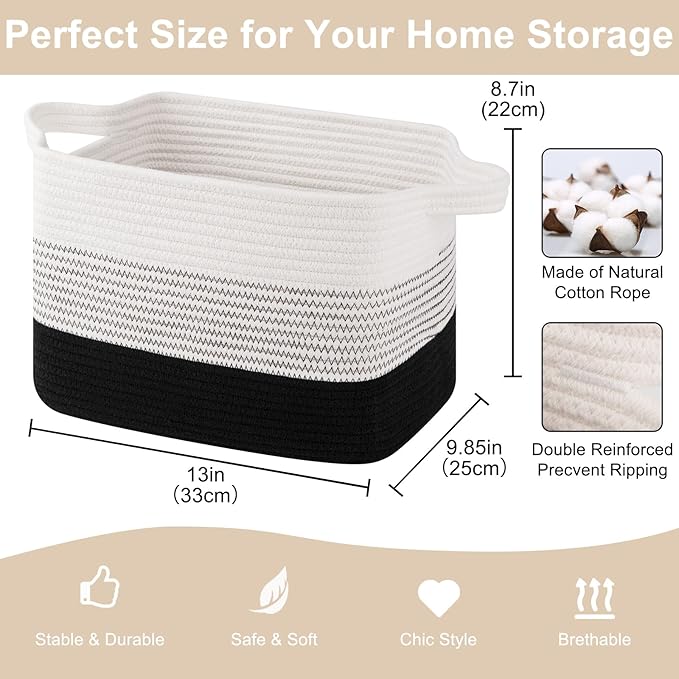 Storage Baskets for Organizing, Woven Baskets for Shelves, Rectangle Decorative Organizer for Storage Clothes, Toy, Books, Towels Nursery Bins 3 Pack (Gradient Black, 13"x9.85"x8.7")