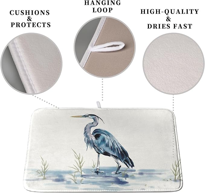 Kwlegh Summer Dish Drying Mat Blue White Heron Beach Absorbent Microfiber Drying Mats for Kitchen Counter Coastal Nautical Birds Dishes Drainer Mat Extra Large 18x24 Inch