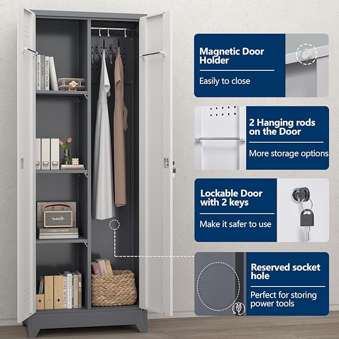 65" H Metal Garage Storage Cabinets with Doors and Shelves, Locking Cabinet, Broom Closet Storage Cabinets with Hanging Rod, Functional Tool Cabinet for Home, Garage, Kitchen