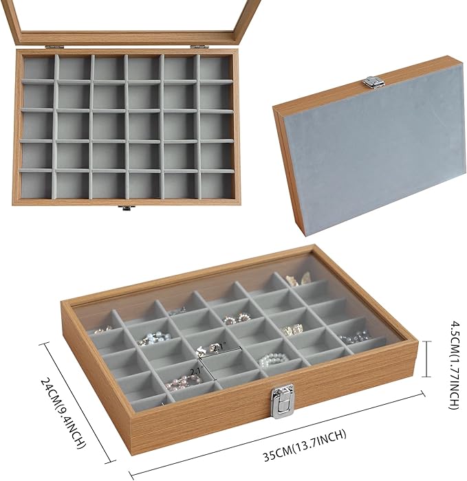 Wudygirl Jewelry Box for Women Wooden Jewelry Organizer 30 Grid Jewelry Box with Hinged Lid Earring Holder Organizer Jewelry Tray for Rings Bracelets Brooches (Gray 30 Grid)