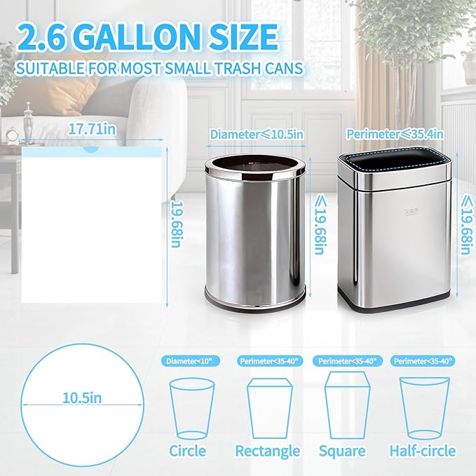 100 Count Small Drawstring Trash Bags for 2.6-Gallon (10 L) Trash Cans, Thick Pre-separated Garbage Bags,Mini Wastebasket can Liners for Bathroom Bedroom Office(White)