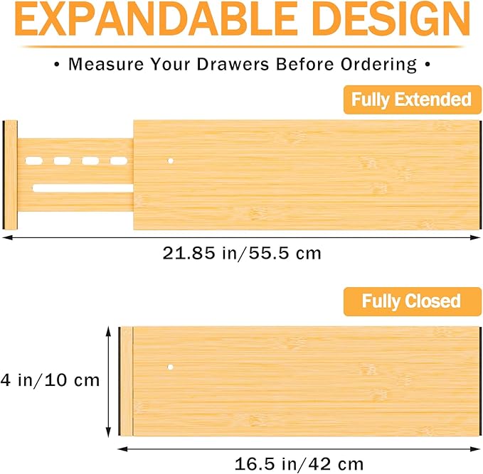Ryqtop Bamboo Drawer Dividers 4" High, 16.5-22" Adjustable Drawer Organizers for Clothes,Expandable Dresser Separators in Bedroom/Kitchen/Bathroom/Office Organization and Storage,4 Pack