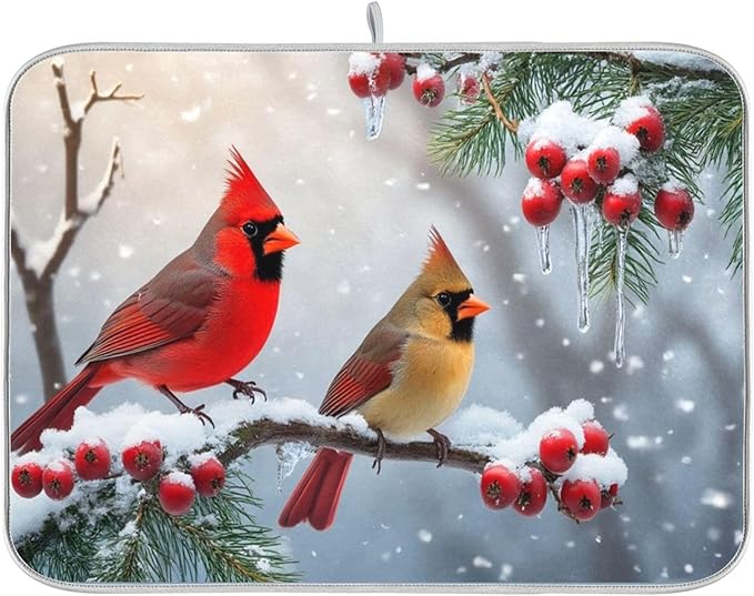 Winter Cardinal Birds Dish Drying Mat for Kitchen Countertop 16x18 Christmas Poinsettia Berry Snow Small Drying Mat Reusable Quick Dry Dish Sink Mats Easy Clean Decorative Essentials