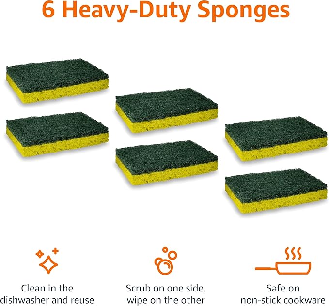 Amazon Basics Heavy Duty Scrub Sponges, Dual-Sided Design, Yellow/Green, 6-Pack