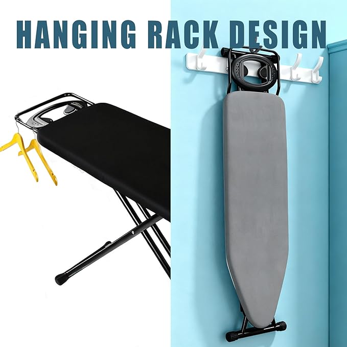 Ironing Board Full Size, Heat Resistant Cover Iron Board with Steam Rest, Ultra Thick Padding, Height Adjustable Heavy Sturdy Metal Frame Legs Ironing Stand,Non-Slip Foldable (54"x13", Round Rest)