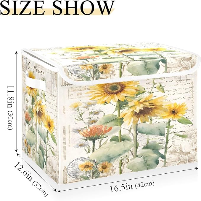 Bolaz Storage Bins with Lids and Handles,Sunflower Stamp Storage Box Basket with Cover Collapsible Organizer Containers for Home Closet, Shelves