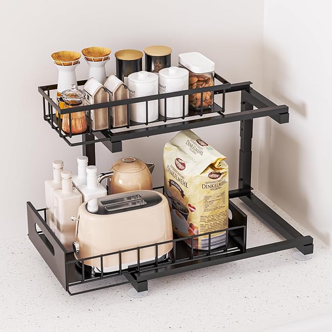 Toyear Under Sink Organizer, Heavy Duty Metal Pull Out Cabinet Organizer Slide Out Sink Shelf Organizer Height Adjustable, Multi-Purpose Storage Shelf for Kitchen Bathroom(Black,1Pack)