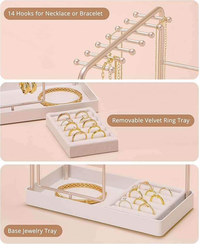 ProCase Jewelry Stand Holder Organizer, Jewelry Display Storage with Ring Tray, No-Assembly Needed, Rotating Earring Bracelet Necklace Holder, Christmas Gifts Room Dorm Decor for Teen Girls -Champagne