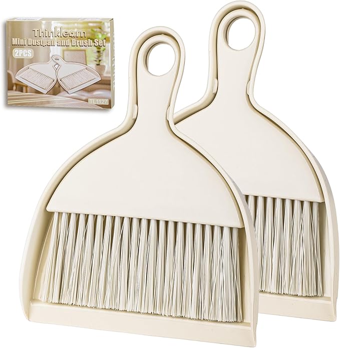 THINKLEARN 2PCS Mini Broom and Dustpan Set, Small Dustpan and Brush, Compact Hand Broom Dust Pan Set for Cleaning, Beige