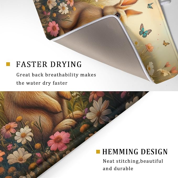 Giwawa Easter Bunny Dish Drying Mat Flower Butterfly Kitchen Drainer Mat 18x24 inch Absorbent Reversible Dish Rack Pad for Counter Tabletop Decor