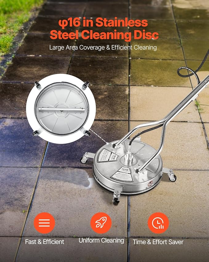 VEVOR 18" Pressure Washer Surface Cleaner, Stainless Steel Pressure Washer Attachments with 4 Wheels, 4000 Max PSI, 3/8 Quick Connector, 2 Spray Nozzles, Dual Handle, for Concrete, Patio, Sidewalk