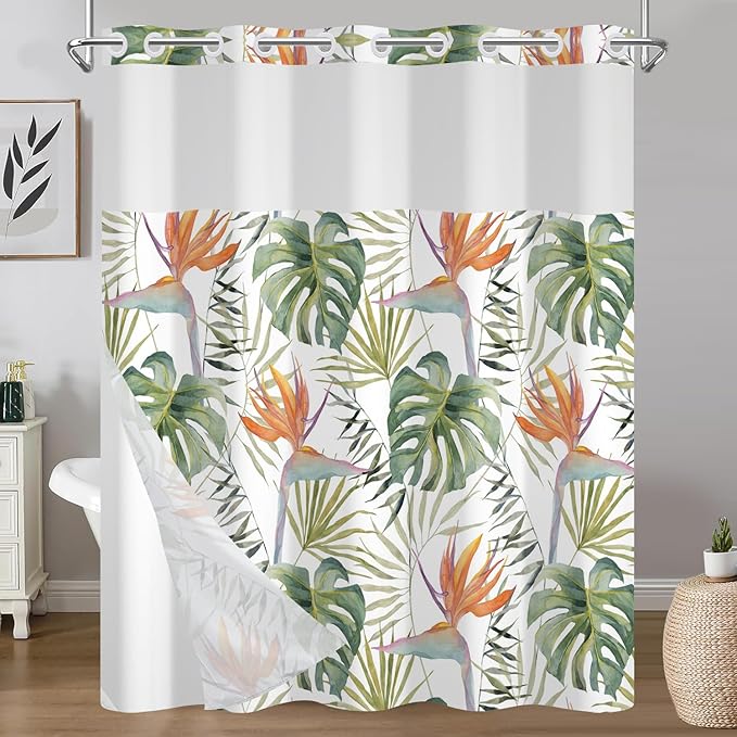 TQUQOBU Tropical Leaves Shower Curtains for Bathroom, Waterproof Double Layers Fabric No Hook Shower Curtain with Liner, Green Palm Monstera Leaf Botanical Jungle Decor Bath Curtains, 71x74 Inch
