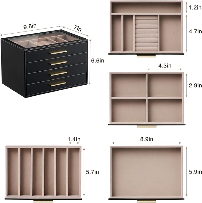 pickpiff Jewelry Box Organizer Case for Women: 4-Layer Jewelry Storage Case with Glass Window, Black Leather with Blush Velvet, Holder for Ring Necklace Bracelet Brooch Watch, Great Gift for Her