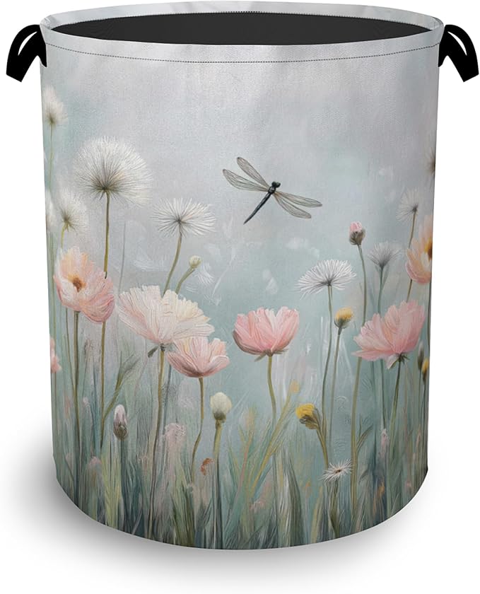 Dragonfly Laundry Hamper,Dandelion Flower Dirty Clothes Laundry Basket with Handles Waterproof Oxford Cloth Storage Basket for College Dorms Bathroom Bedroom 16" x 20.8"