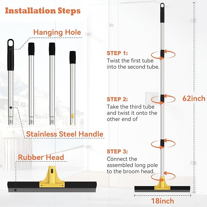 Elapun Large Heavy-Duty Floor Squeegee, 18” Rubber Blade Broom & 62” Long Handle Floor Squeegee for Concrete, Bathroom Tile, Garage Concrete, Deck, Shower Glass, Window Cleaning