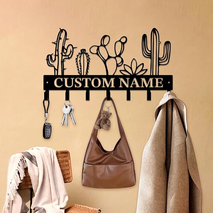 Personalized Custom Name Cactus Wall Keys Hooks,Metal Cactus Art Clothes Hooks,Metal Cactus Lover Wall Home Storage Decorative,For Front Door, Hallway, Kitchen, Bedroom,Keys,Hats (Style E)
