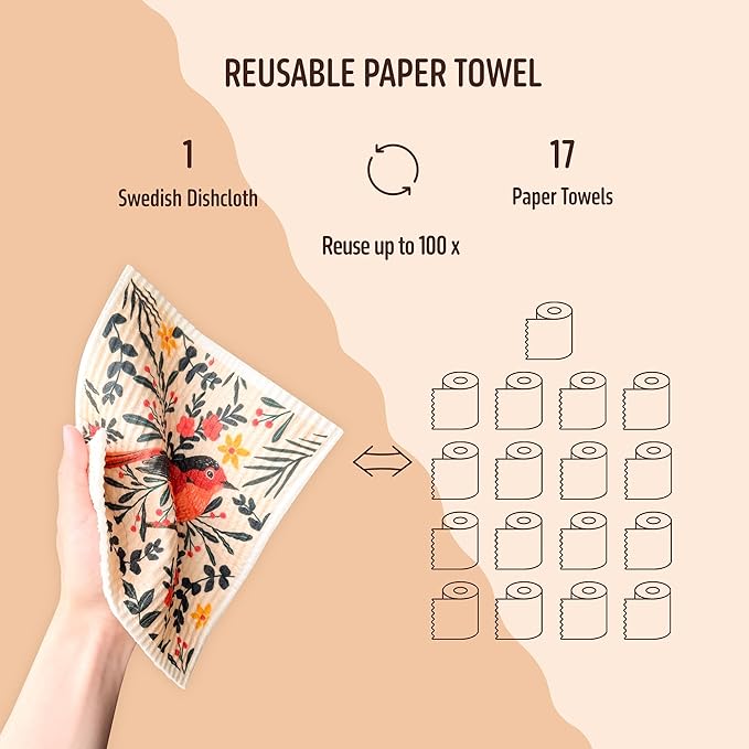 Augine Swedish Dishcloths for Kitchen, 8 Pack Reusable Paper Towels Washable, Super Absorbent Kitchen Towels, No Odor, Biodegradable, Quick Drying, Dishwasher Safe