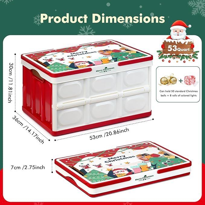 Christmas Storage Box 50L 2 Pack, Foldable Storage Box with Wood Lid & Handles, Includes Christmas Stickers for DIY, Multifunctional Wood Top for Holiday Decor, Gift, Fruit Cutting & Home Organization