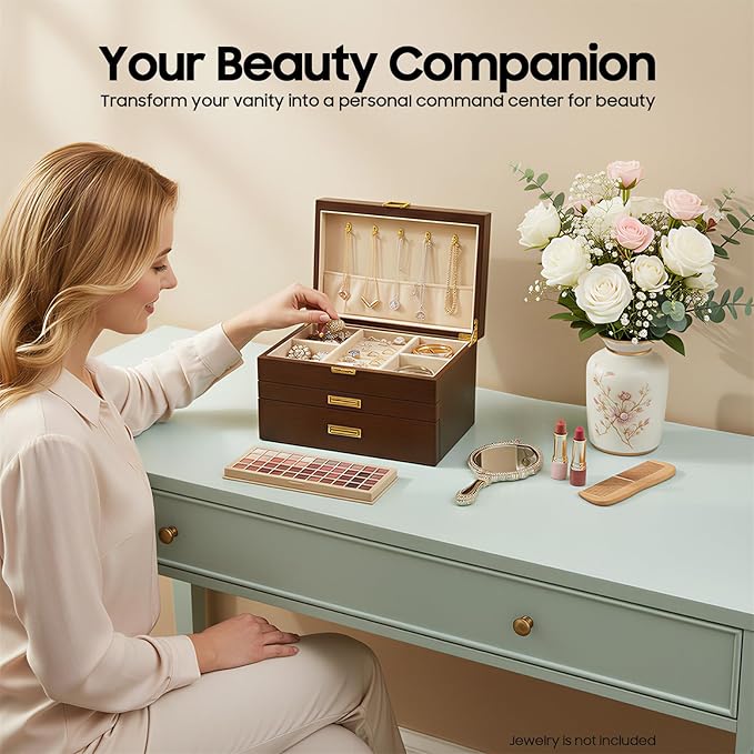 Wooden Jewelry Box for Women, 3 Layers Large Wooden Jewelry Organizer Box Watches Necklace Ring Storage Box for Women (Walnut 3 Layer)