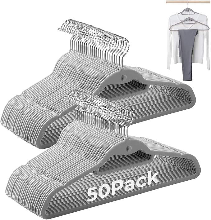 Limogoo Grey Velvet Hangers 50 Pack, Felt Covered Non Slip Fabric with Stackable Cascading Hook, Ultra Thin and Space Saving with 360° Swivel Neck, 15Lbs Capacity for Clothes, Suit, Shirt, Coat