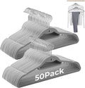 Limogoo Grey Velvet Hangers 50 Pack, Felt Covered Non Slip Fabric with Stackable Cascading Hook, Ultra Thin and Space Saving with 360° Swivel Neck, 15Lbs Capacity for Clothes, Suit, Shirt, Coat