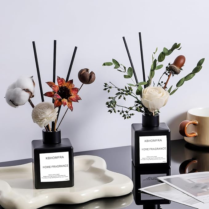 Reed Diffuser Set with Dried Flowers, Jasmine Gardenia Sandalwood Scent, Black Glass Bottle, 5.07fl oz, Aromatherapy Home Fragrance for Bedroom Bathroom (Lime Basil Citrus)