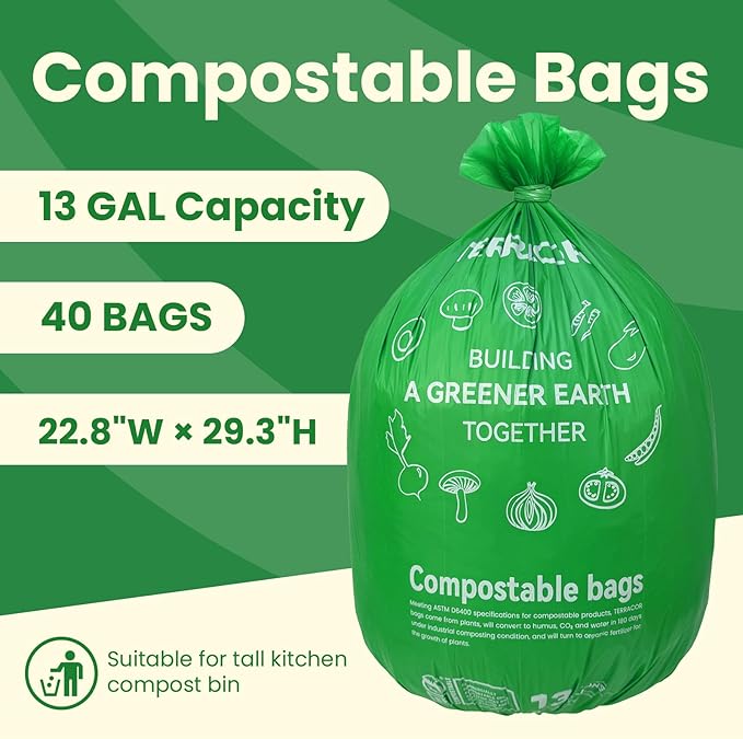 TERRACOR 13 Gallon Compostable Trash Bags, 40 Bags Compost Bags for Countertop Bin, Camping Toilet Bags for Portable Toilet, BPI Certified and Meet The ASTM D6400 Standard