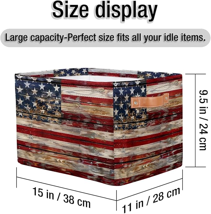 American Flag Storage Basket for Shelves, Storage Bins with Handles, Collapsible Basket for Organizing, Closet Toy Baskets for Nursery Room, 15x11x9.5 in, Canvas, Old Wooden USA Flag