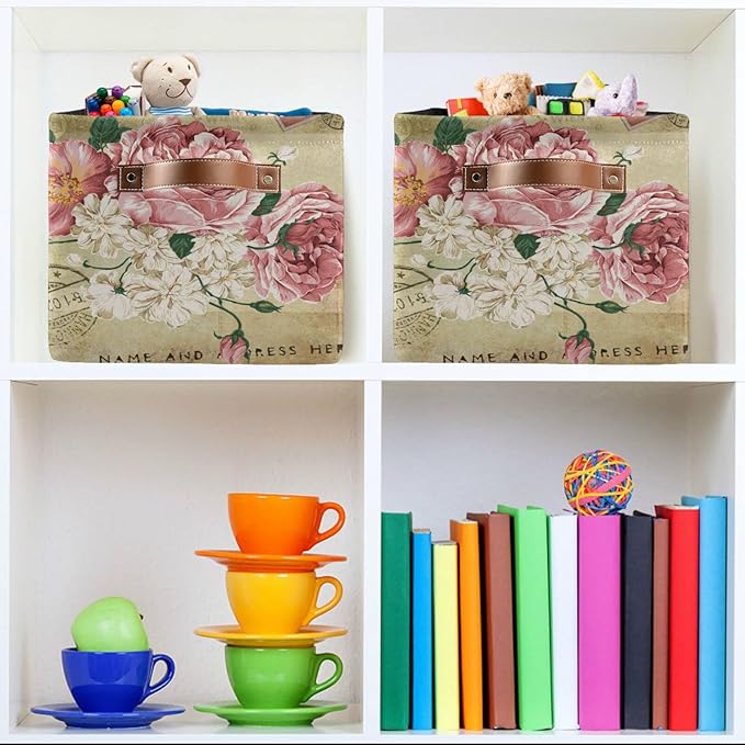ALAZA Vintage Shabby Chic Rose Floral Foldable Storage Box Storage Basket Organizer Bins with Handles for Shelf Closet Living Room Bedroom Home Office 2 Pack