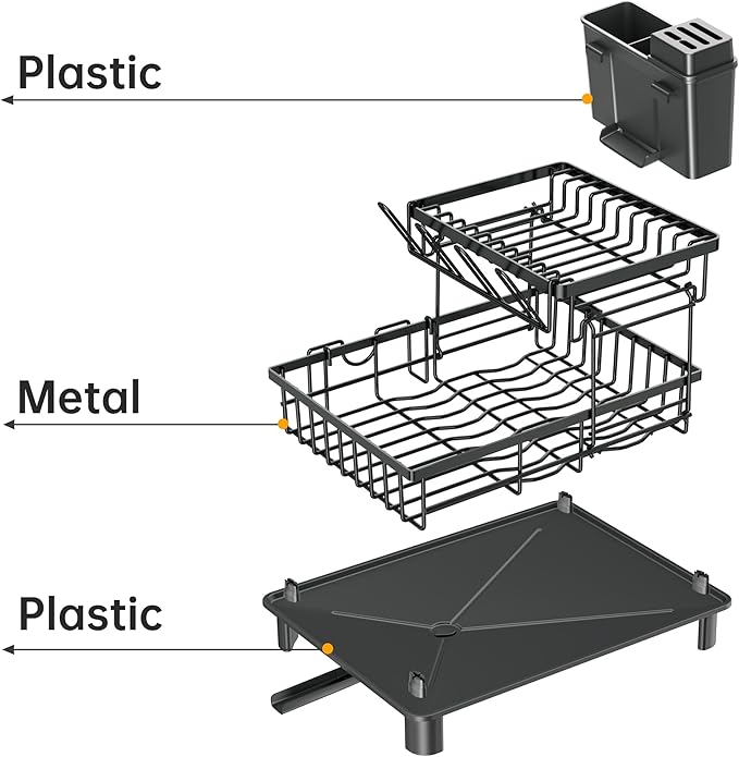 IMXSUMDA Dish Drying Rack, 2 Tier Dish Racks for Kitchen Counter, Compact Drying Rack Kitchen, Rust-Resistant Dish Drainer, Detachable Space-Saving Dish Rack with Drainboard, Utensil Holder, Black
