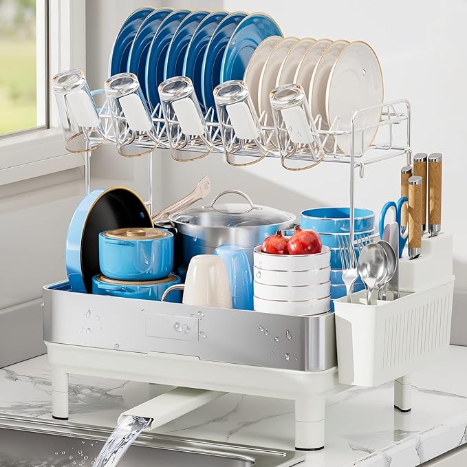Ewaiira Large Dish Drying Rack, 304 Stainless Steel Dish Racks for Kitchen Counter, Automatic Drainage Spout, Rustproof Kitchen Dish Drainers with Drainboard, Utensil Holder & Glass Holder, White