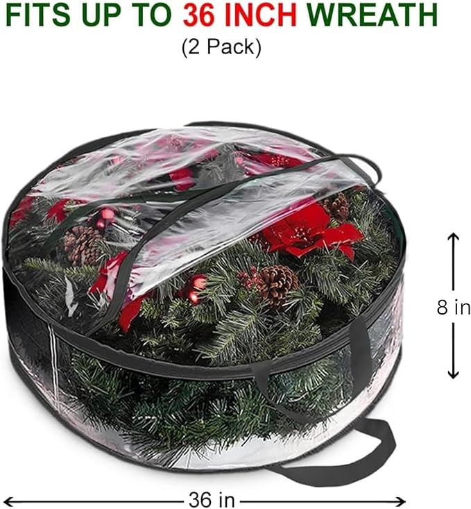 ProPik Christmas Wreath Storage Bag 36" - 2 Pack Clear Christmas Wreath Storage Container- Garland Holiday Artificial Wreath Storage Holder - Water Proof Transparent PVC (36 Inch, Black)