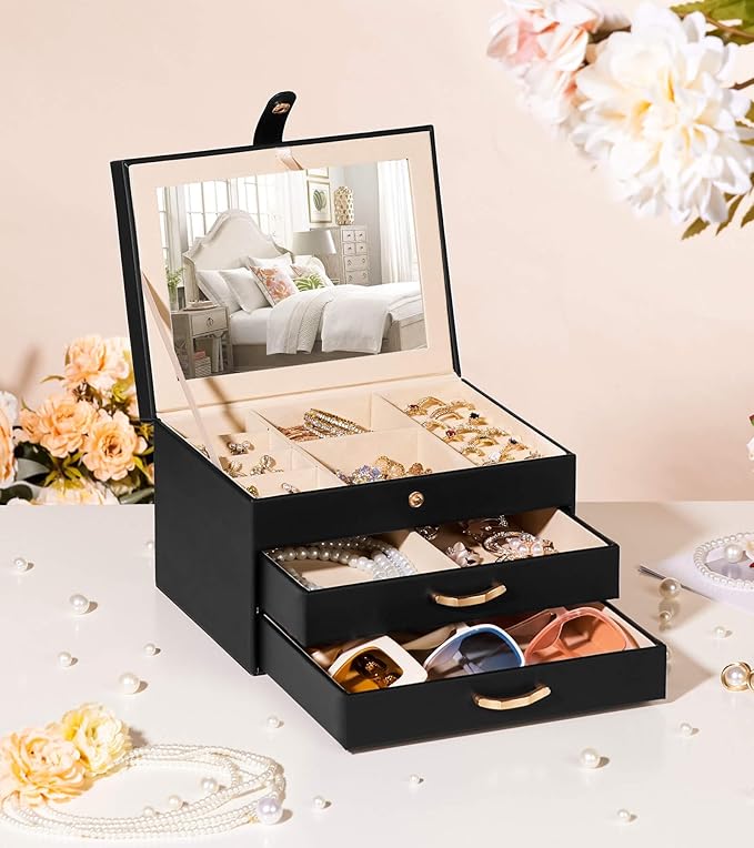 Black Jewelry Box Organizer: Home Decor for Women - 2-Drawer Holder for Valentine’s Day Birthday Gift Black Grey-Blue