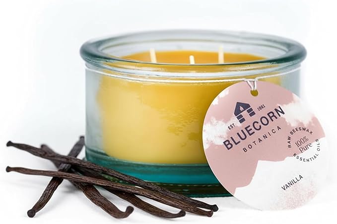 Bluecorn Beeswax 3-Wick Candle, 100% Pure Bees Wax, Vanilla Scented, Paraffin & Soy Free Candle Wax, Clean Burning, Long Lasting, Gifts for Women & Men, American Made, 10 Oz