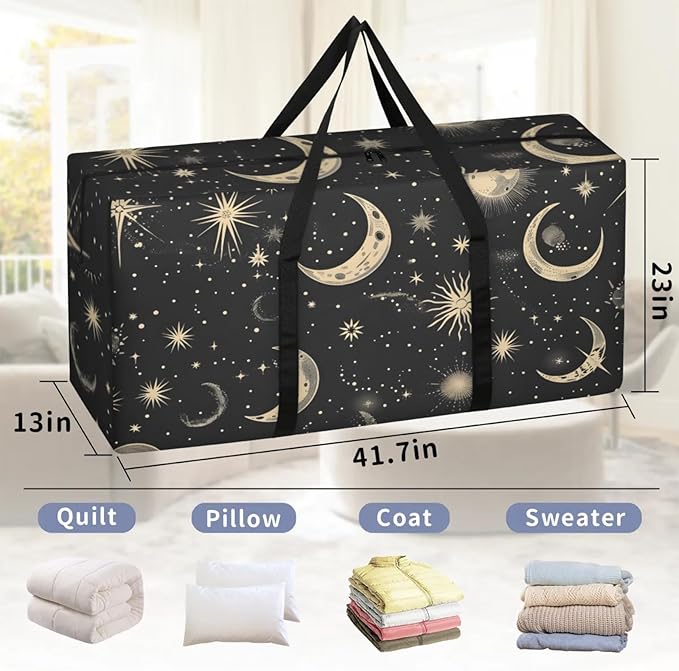 Extra Large Storage Bag with Zipper 54 Gallon Moving Bags Heavy Duty Christmas Tree Storage Bag Packing Bags for Moving, Storage Totes Duffle Bag Waterproof Containers for Organizing (Moon & Stars)