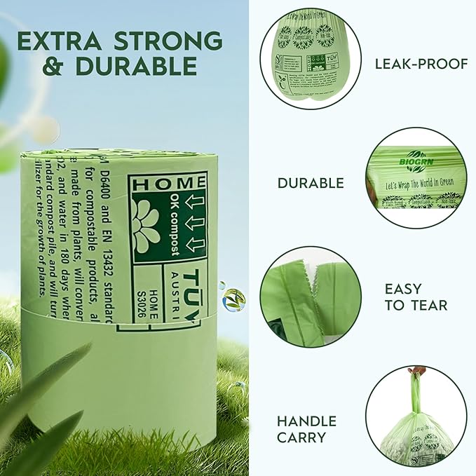 10-13 Gallon Compostable Trash Bags with Handles Tie 30 Bags Biodegradable Garbage Bags Food Scrap Green Waste Bags Thick 0.87 Mil 49.21 Liter ASTM D6400, US BPI and OK Compost Home Certified