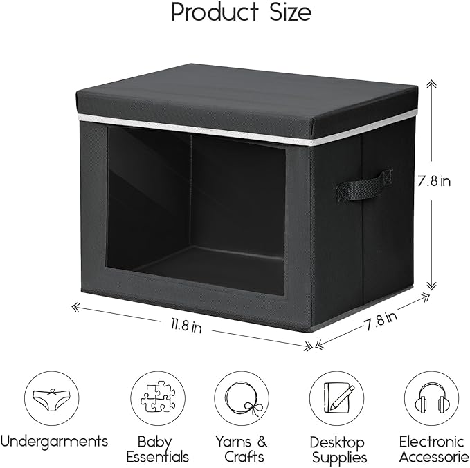 Storage Bins with Lids - Small Fabric Organizers with Window, Collapsible Storage Bins for Clothes, Decorative Closet Organizers for Towels, Tshirt, 3 Pack, Black