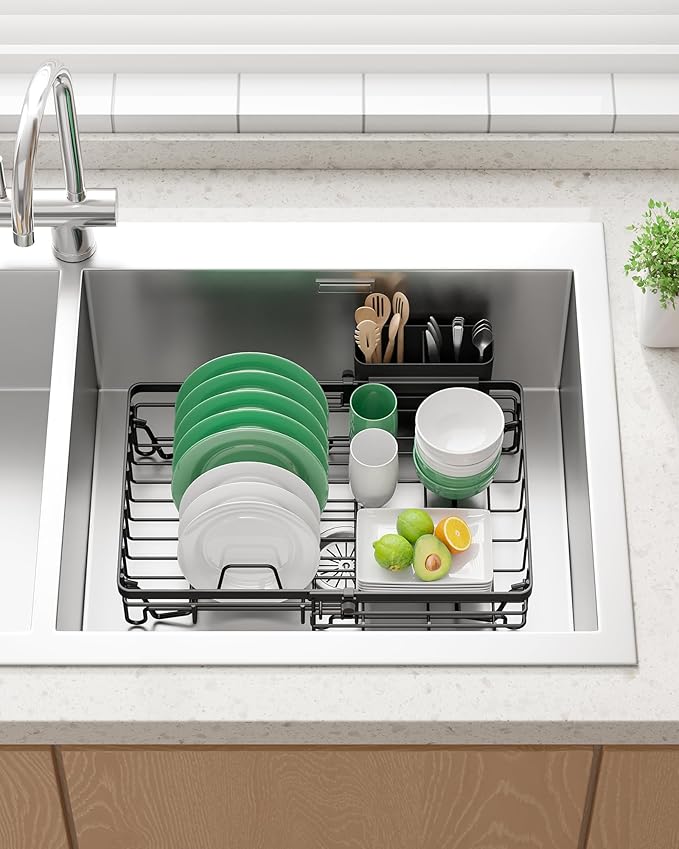 Kitsure Dish Drying Rack – Expandable in-Sink or Over-Sink Dish Rack for Kitchen Counter, Rust-Resistant Metal Dish Strainer with Cutlery Holder, 10.82"-17.12" L x 11.02" W x 3.93" H, Black