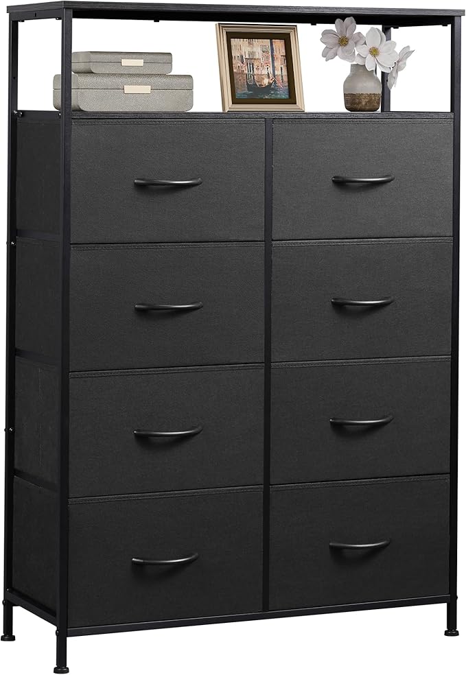WLIVE Fabric Dresser for Bedroom with Open Shelves, Tall Black Dressers with 8 Drawers, Storage Tower with Fabric Bins, Chest of Drawers for Closet, Living Room, Hallway