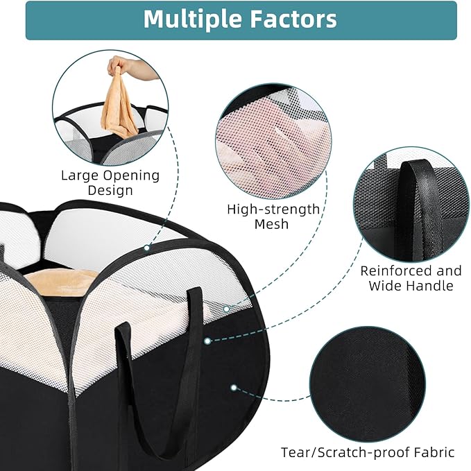 2 Pack Collapsible Laundry Baskets, 90L Large Foldable Laundry Basket, Pop Up Hampers for Laundry, Dirty Clothes Laundry Hamper for Bedroom, Bathroom, Dorm, Laundry Room, Travel or Camping Black