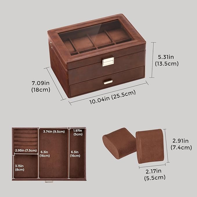 ProCase Watch Box for Men, Jewelry Organizer Box with Drawer, Display Storage Case with Glass Lid -Brown, 8 Slot