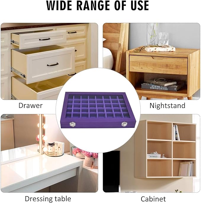 Jewelry Tray Organizer Box 48 Grid Jewelry Display Organizer Box with Transparent Lid Rings Earrings Necklaces Pendants Display Box Suitable for Women and Girls (48 Grid, Purple)