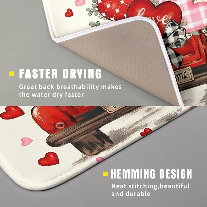 Valentines Day Red Truck Dish Drying Mat for Kitchen Counter 18x16 Inch Pink Heart Drying Mat with Absorbent Reversible Microfiber Love Dish Drainer Mats Rack Pad for Coffee Countertop Protector