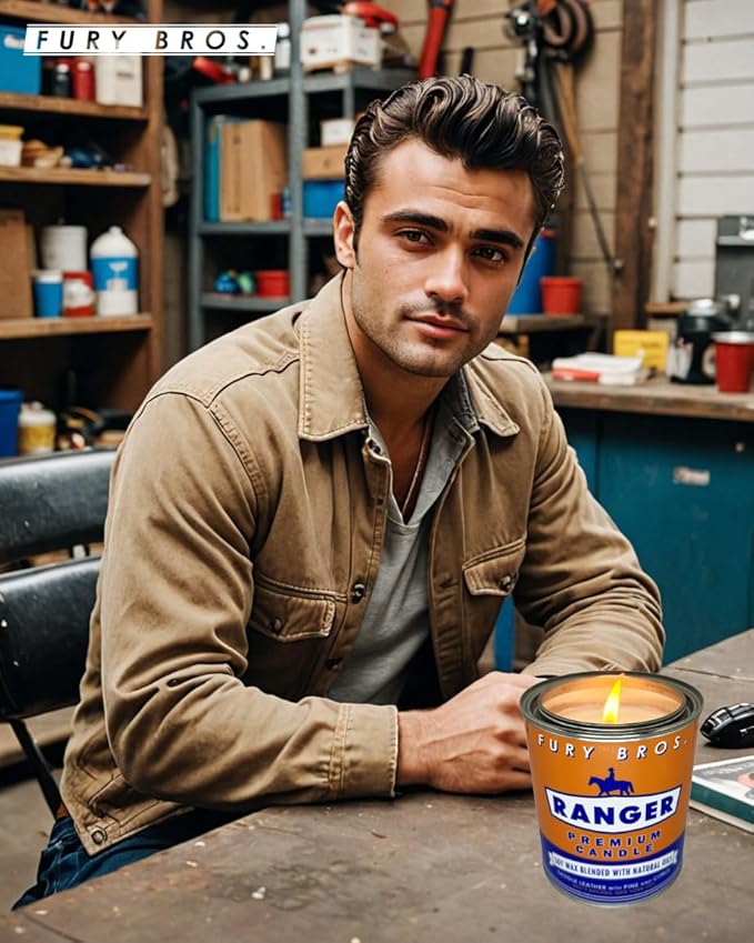 Fury Bros. Scented Candles for Men | Ranger | Saddle Leather Pine Citrus | Natural Soy Wax | Hand-Poured in The USA | Long 70-80 Hour Burn (12.5 oz) | Vintage-Inspired Tin Design | Dad Home Gift