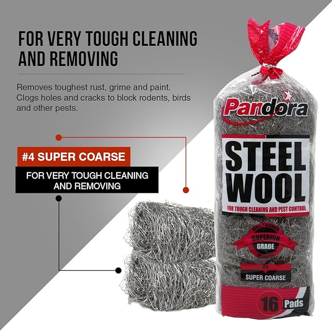 Pandora Steel Wool #4 – Extra Coarse Grade, 48 Pads for Tough Cleaning - Metal Strands - Ideal for Removing Stubborn Paint, Rust, Dirt, and Varnish