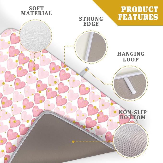 Valentines Day Dish Drying Mat for Kitchen Counter 24x18 Inch Love Drying Mat with Absorbent Reversible Microfiber Golden Pink Heart Dish Drainer Mats Rack Pad for Coffee Countertop Protector