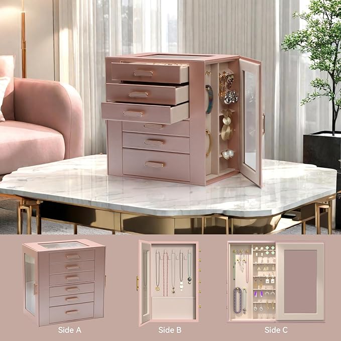 Jewelry Boxes for Women, 6 Layer Jewelry Organizer with Glass Lids, Jewelry Holder Organizer with 5 Drawers and 2 Glass Doors for Jewelry Storage, Big Jewelry Box for Womens Gift (Rose Gold)